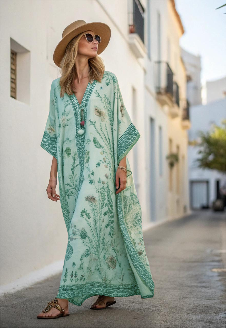 Cotton & Linen Long Sleeve Kaftan Maxi Dress