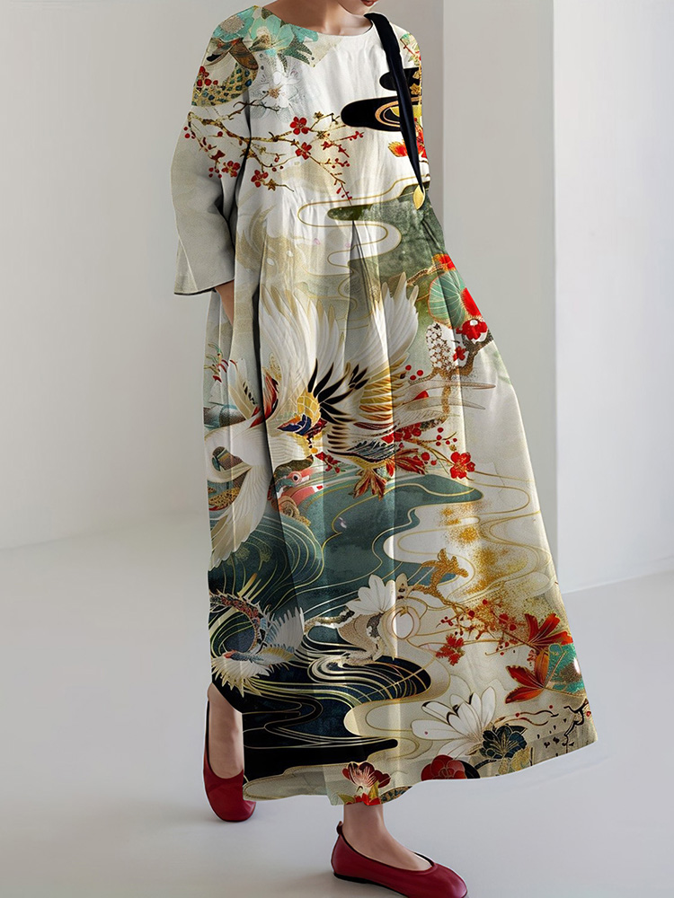Japanese Flora Art Print Midi Dress