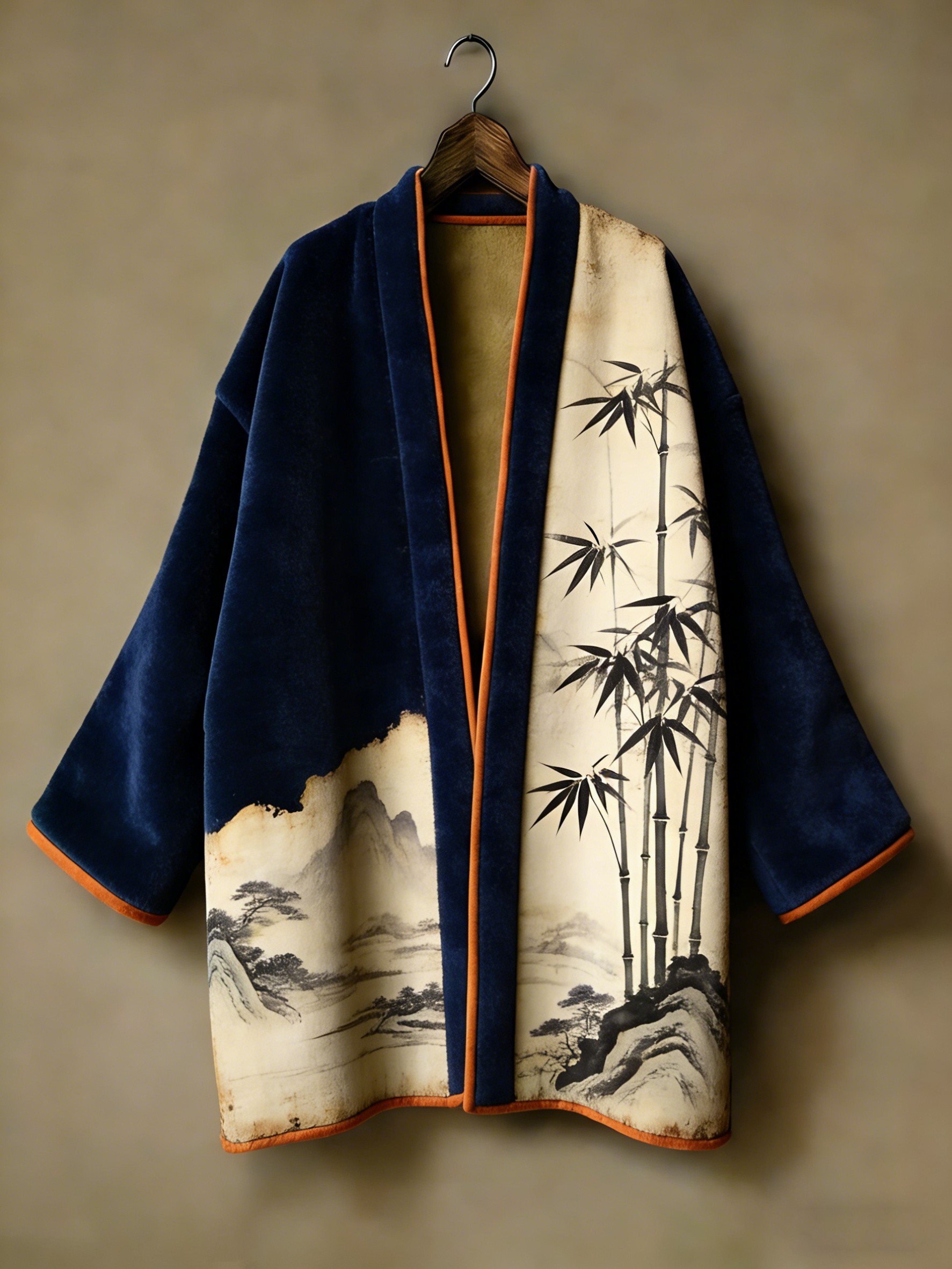 Oriental aesthetic printed flannel embroidered medium and long kimono cardigan