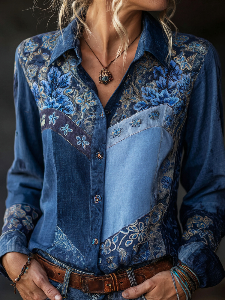 Boho Floral Geometric Thread Embroidery Women's Vintage Linen Shirt