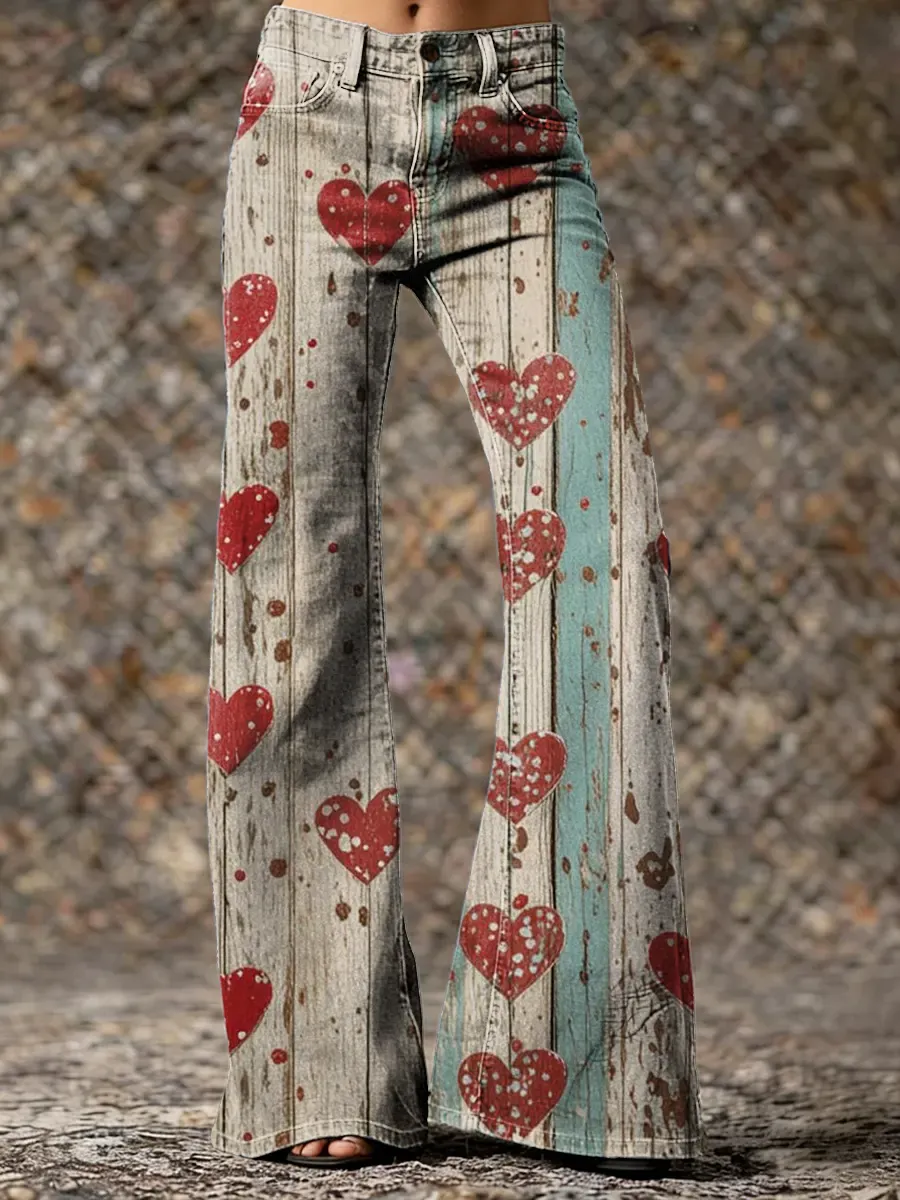 Retro Heart Artistic Print Casual Slim-fit Flared Pants