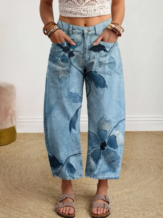 Vintage-style Textured Floral Art Print Casual Cotton Trousers With Pockets