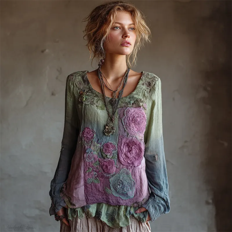 Vintage Lavender Floral Fiber Art Gradient Flowy Linen Shirt