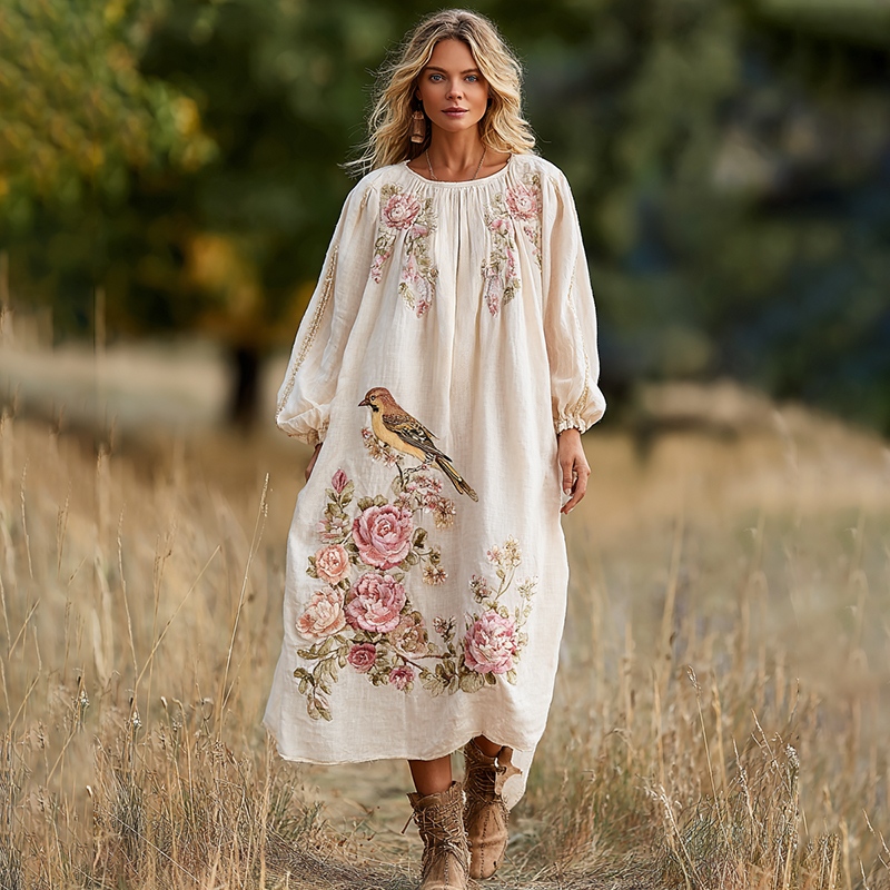 Women's Vintage Boho Roses And Birds Art Casual Dress