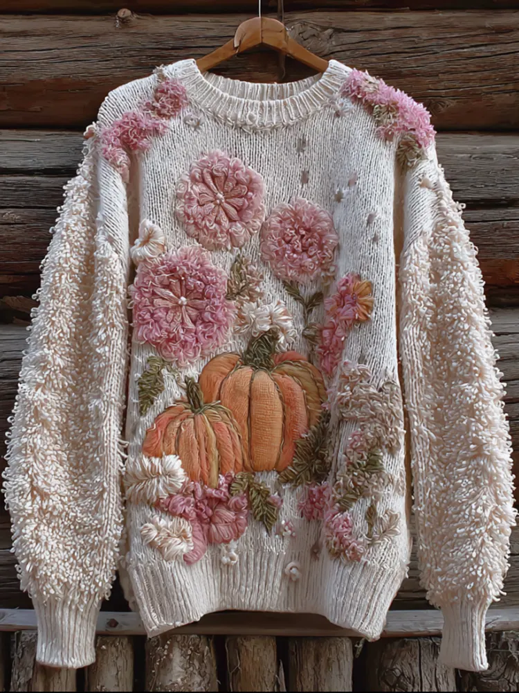 Pumpkin And Flower Plush Warm Round Neck Sweater