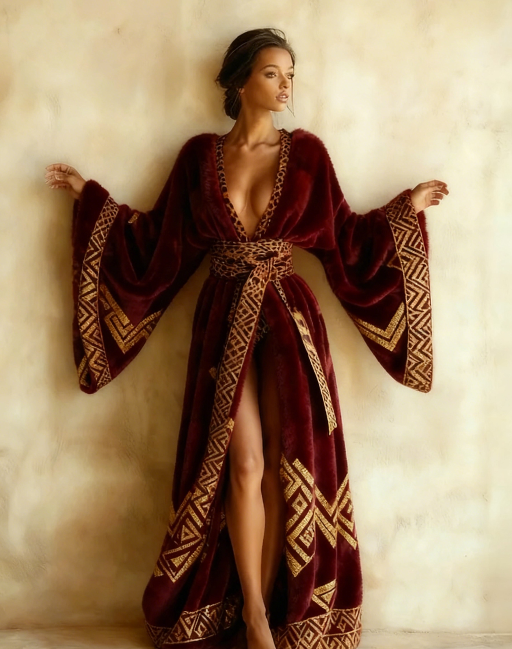 Abstract  Art Print Kimono Long Gown Autumn and Winter Robe With Belt