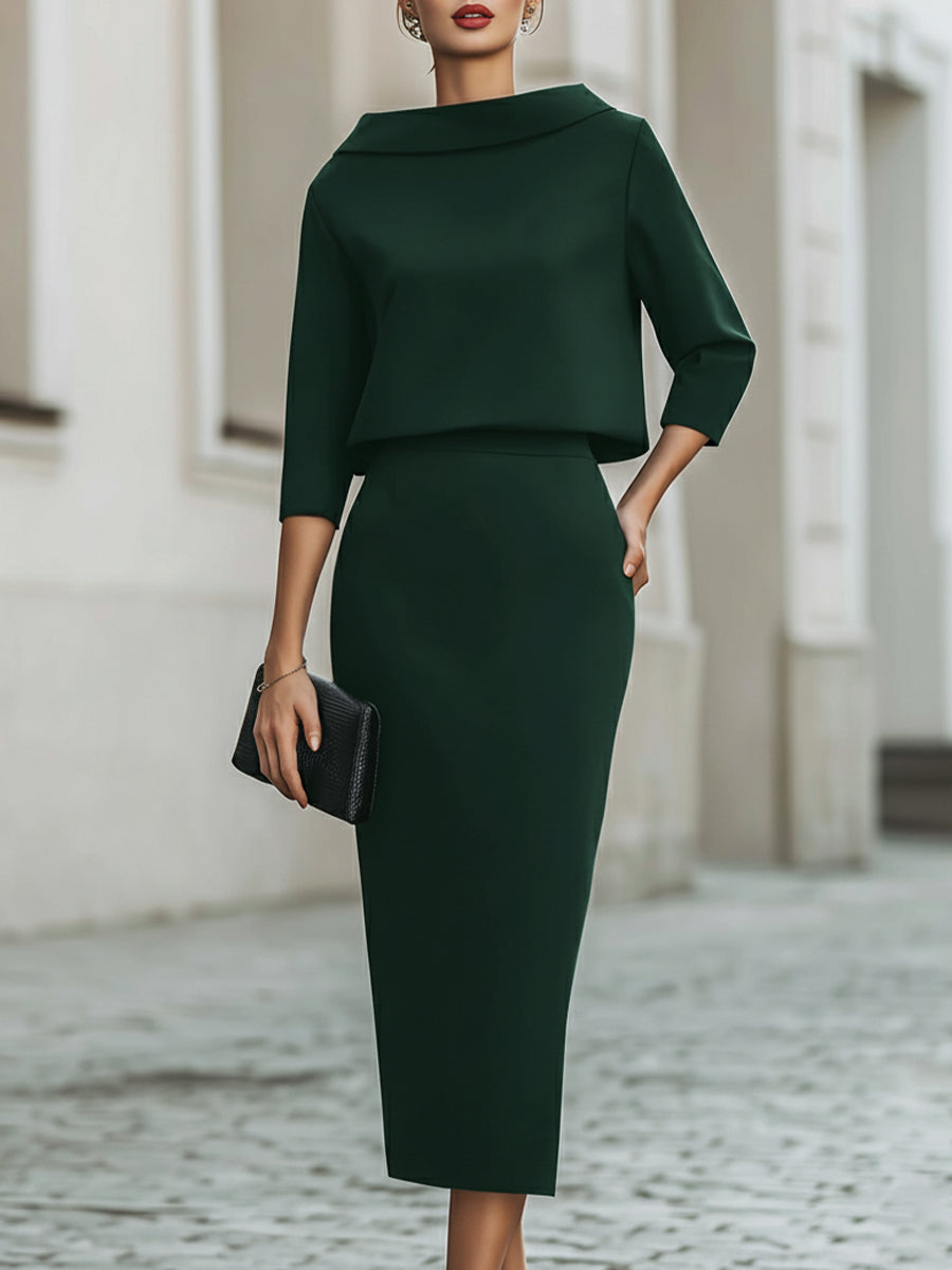 Boat Neck Top & Midi Skirt Set