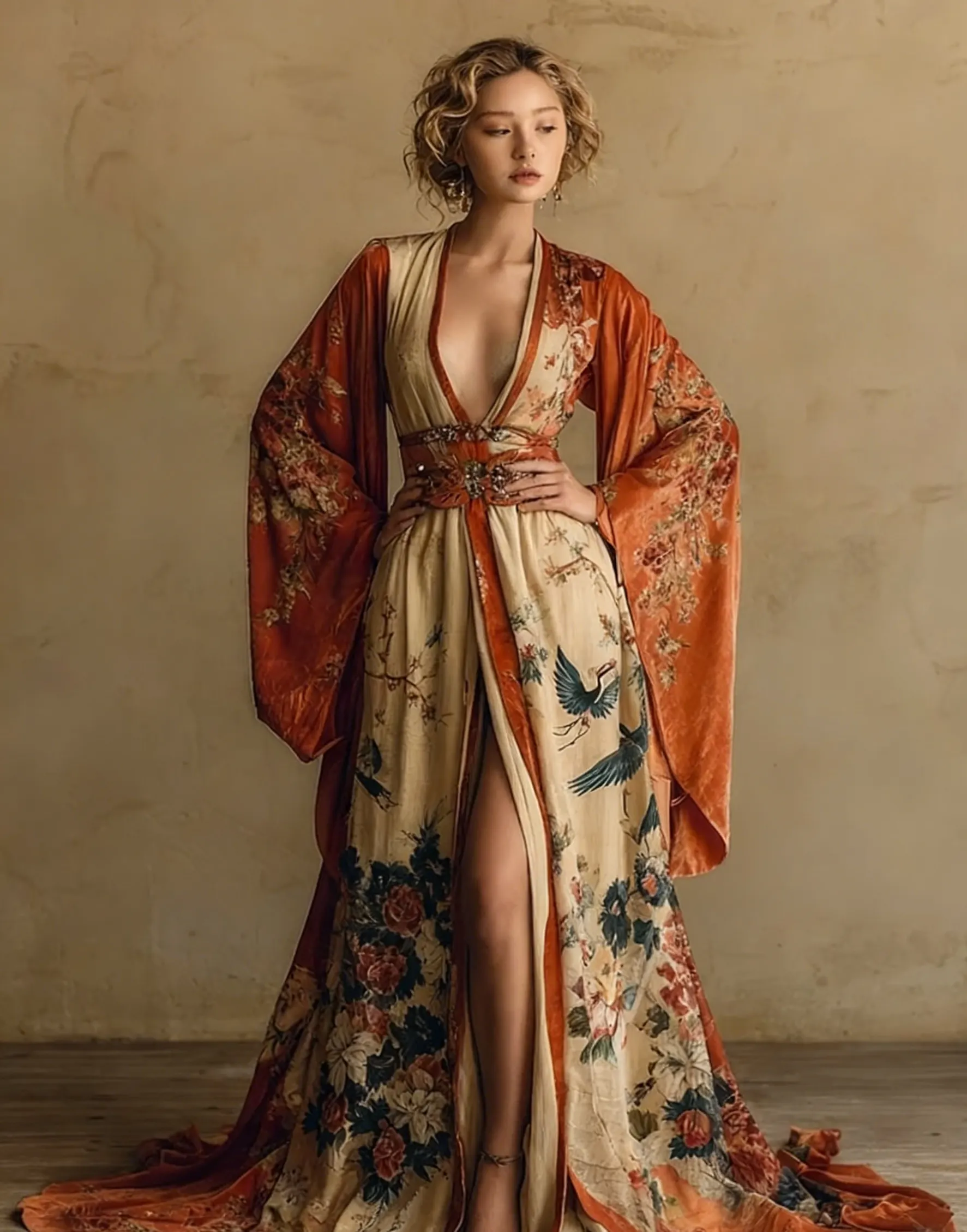 Women's Elegant Vintage Velvet Art Print Robe
