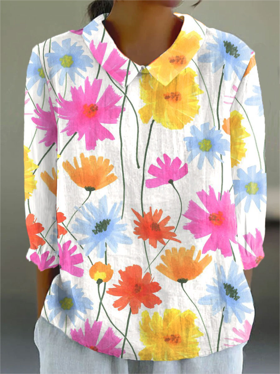 Vintage Flower Art Print Casual Cotton & Linen 3/4 Sleeve Shirt
