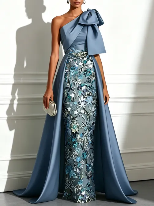 Blue Bow Satin One-Shoulder Sleeveless A-Line Gown