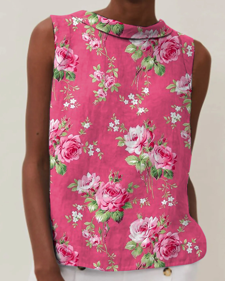 Vintage Rose Print Cotton & Linen Round Neck Sleeveless Top