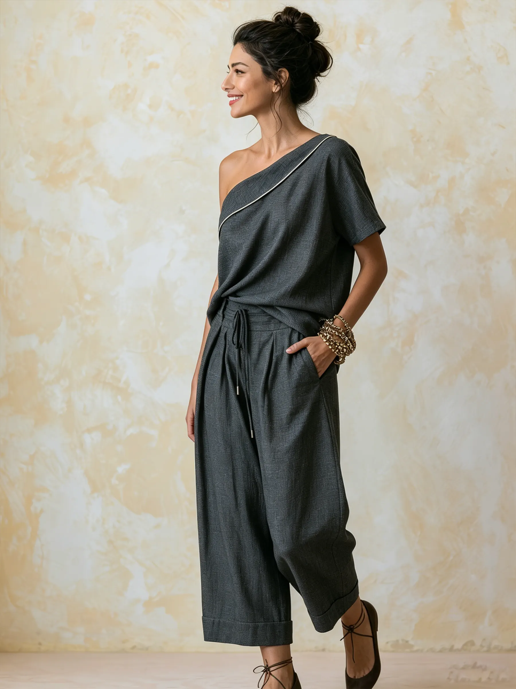 Asymmetrical One-Shoulder Top & Culotte Two-Piece Outfit