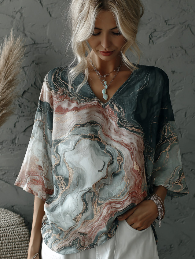Vintage Marble Texture Collection Bohemia Women Style Gradient Gilded Pattern T-shirt