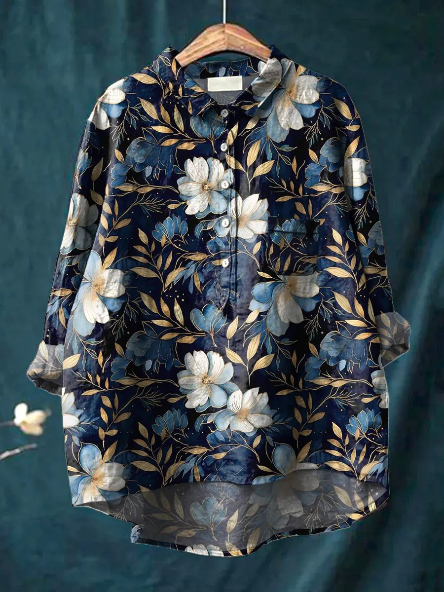 Midnight White Magnolia Floral Pattern Printed Women's Casual Cotton & Linen Shirt