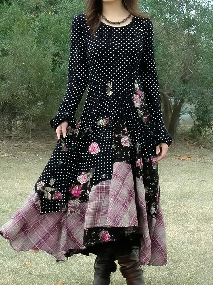 Women's Vintage Polka Dot And Rose Floral Plaid Patchwork Dress
