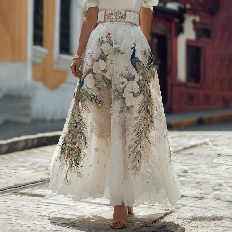 Women's Elegant Floral With Peacock Art Linen Blend Casual Maxi Skirt