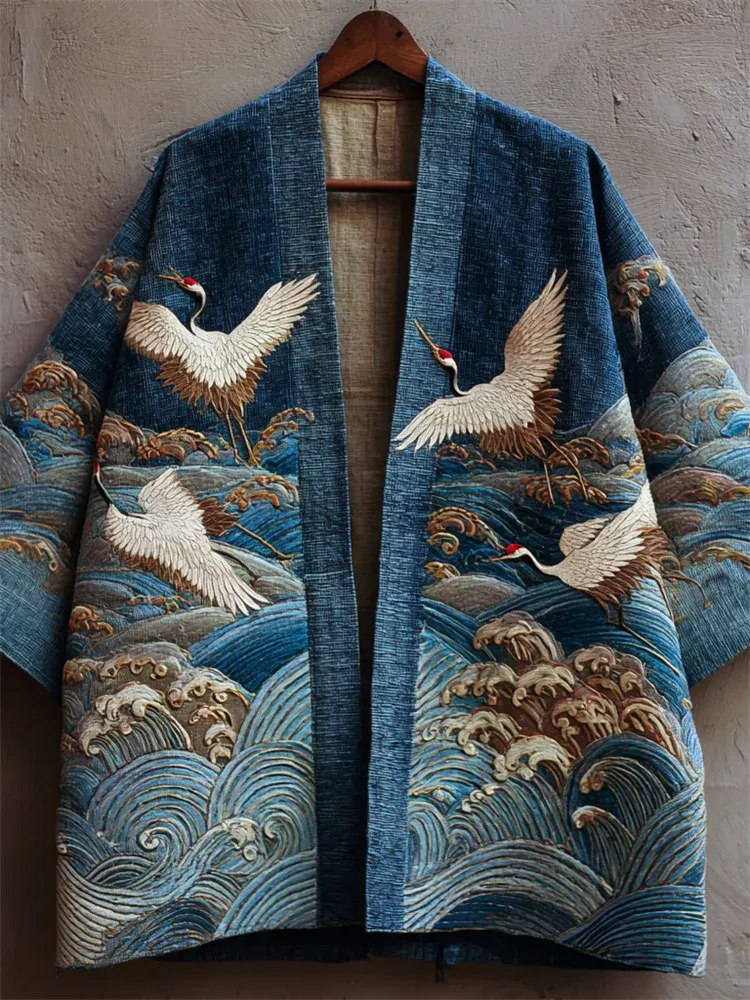 Japanese Cranes & Pine Trees Embroidered Linen Kimono Cardigan