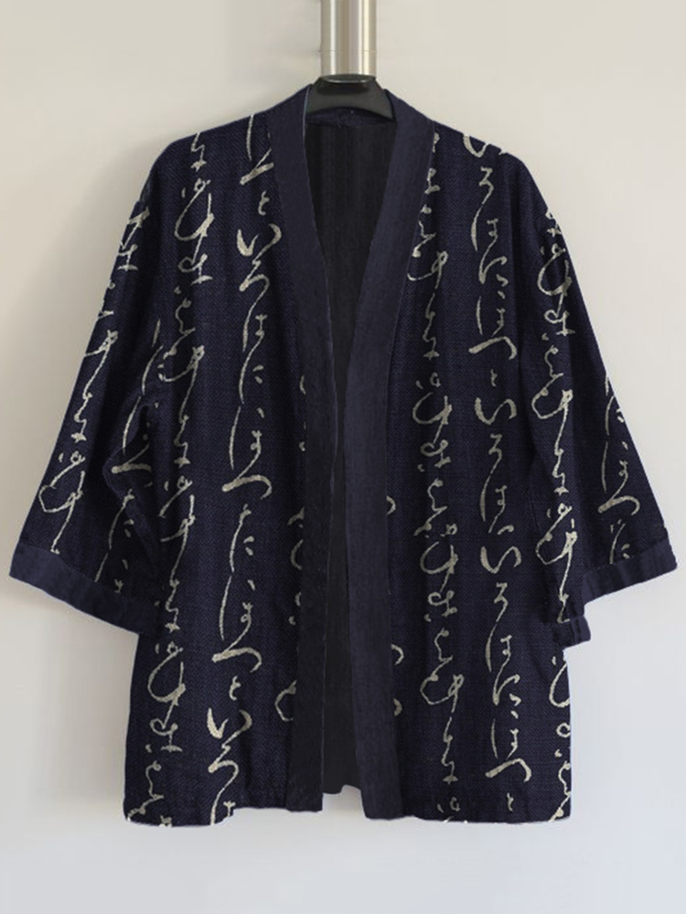 Japanese Traditional Sashiko Art Letter Print Blend Kimono Cardigan