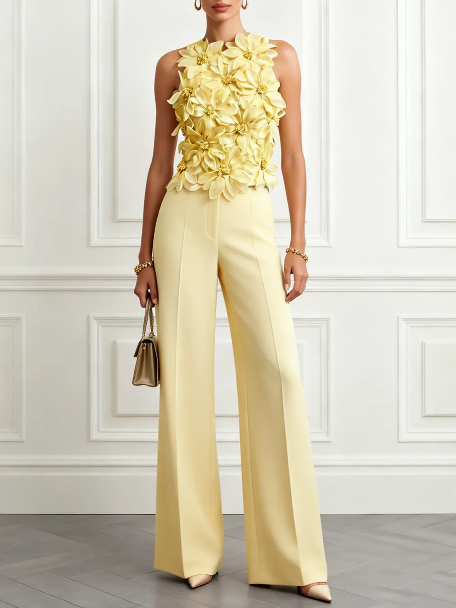 Yellow 3D Floral Crew Neck Sleeveless Elegant Jumpsuit