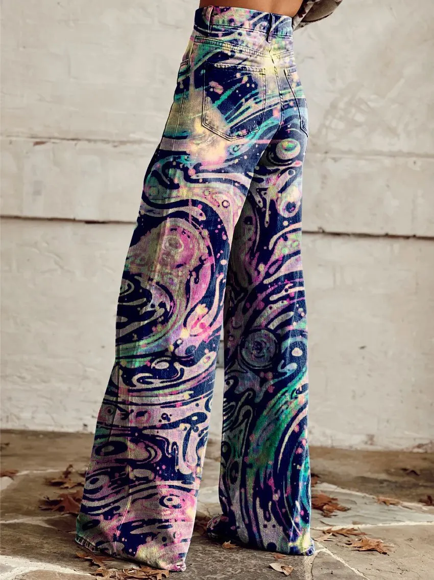 Vintage Print Casual Wide-Leg Pants