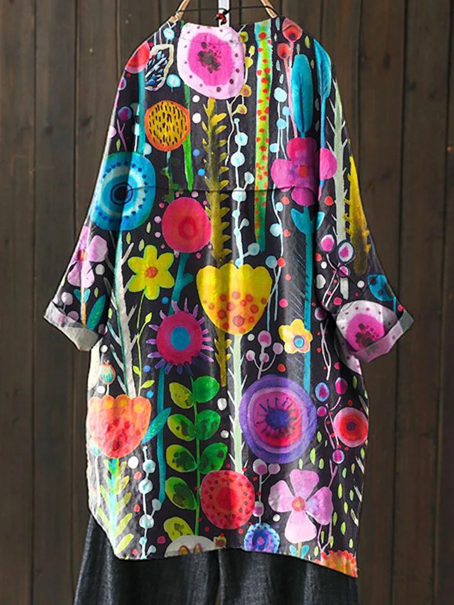 Vintage Lovely Floral Art Print Loose Casual Top Jacket