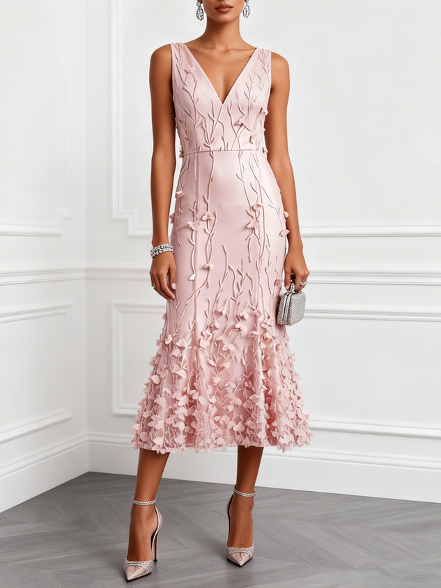 Light Pink 3D Floral Classic V-Neck Sleeveless Mermaid Midi Dress