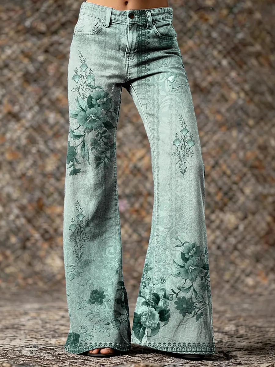 Vintage Ethnic Cyan Floral Art Printed Casual Slim Denim Wide Leg Pants