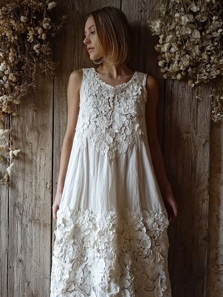 Vintage Floral Lace Embroidered Comfy Linen Maxi Dress