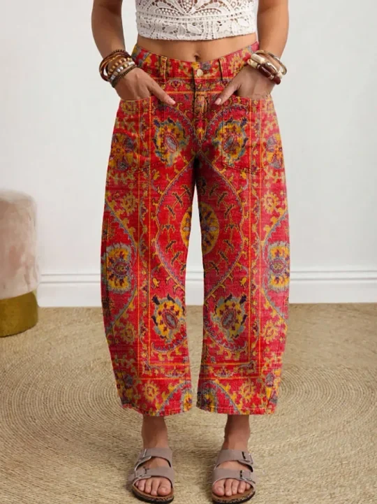 Vintage-style Textured Floral Art Print Casual Cotton Trousers With Pockets