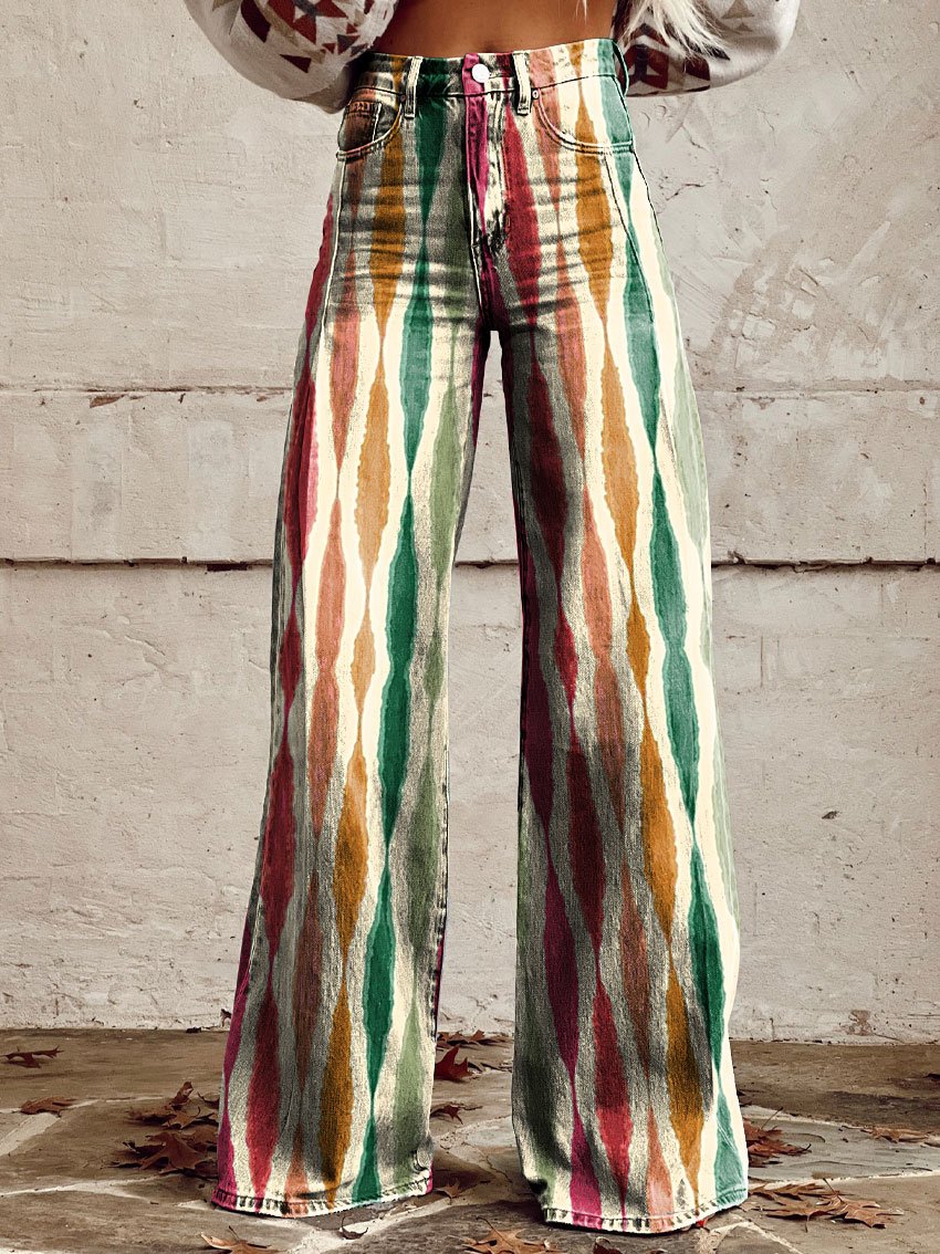Vintage Print Casual Wide-Leg Pants