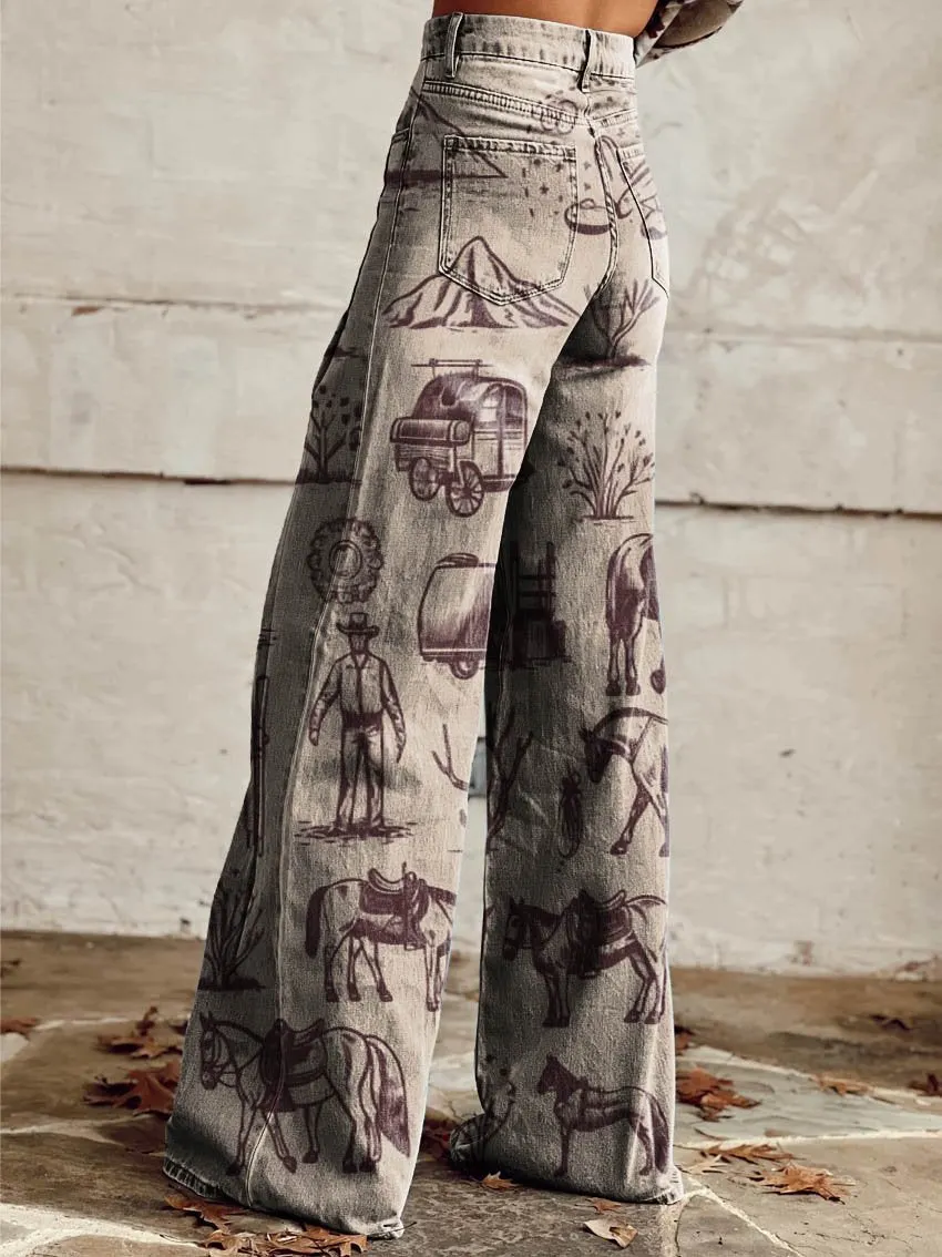 Cowboy Theme Print Casual Wide-Leg Pants