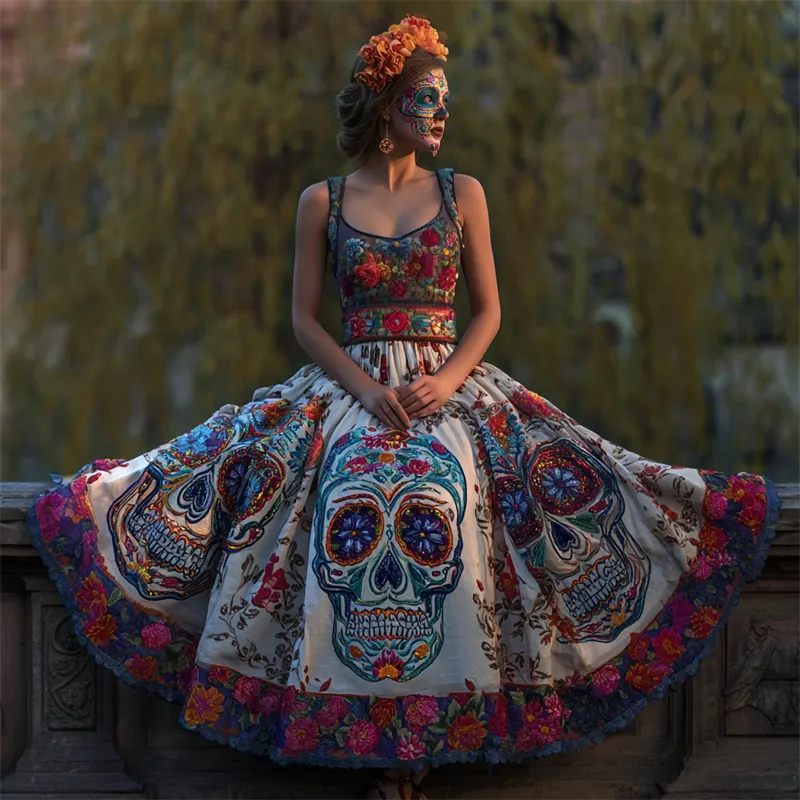 Day Of The Dead Sugar Skulls Floral Embroidered Linen Maxi Evening Dress