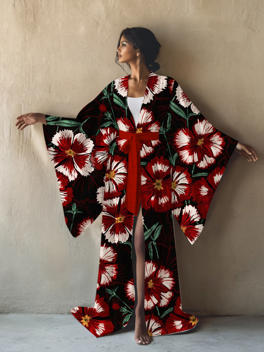 Abstract Art Print Kimono Long Gown Robe With Belt