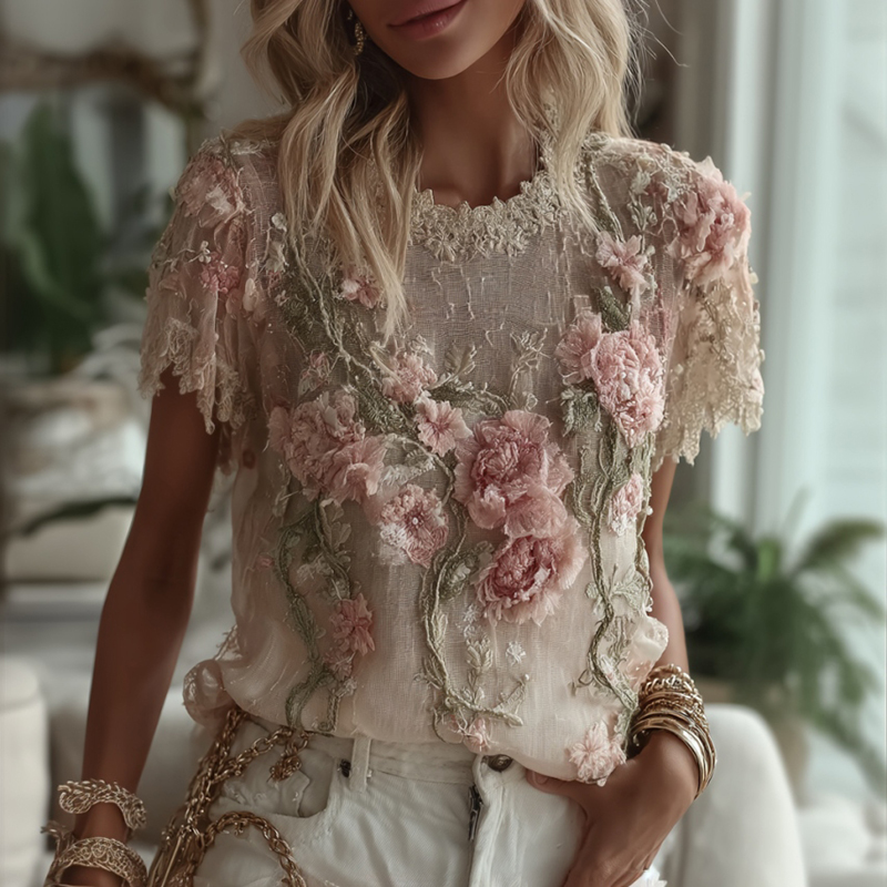 Women's Embroidered Floral Vine Short-sleeve Blend T-shirt