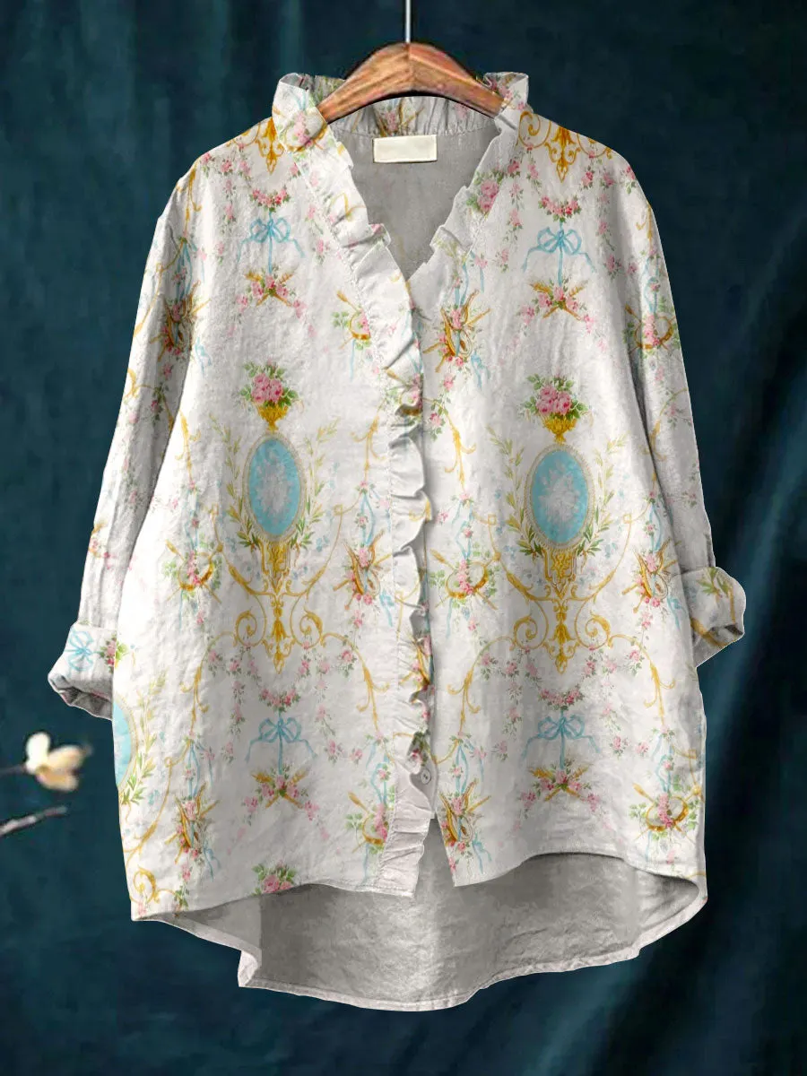 Vintage Flower Art Print Casual Cotton & Linen Ruffle Shirt