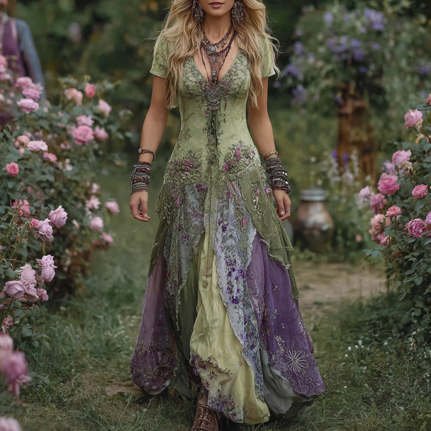 Vintage Gradient Purple Floral Embroidered Maxi Dress