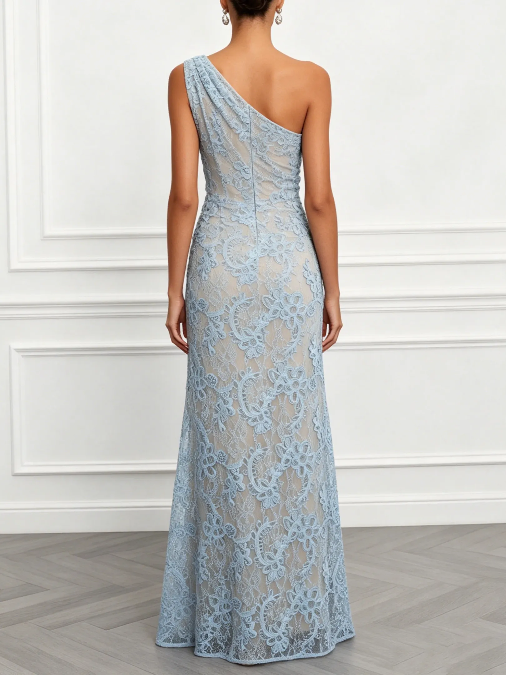 Light Blue Lace Jacquard One-Shoulder Sleeveless Mermaid Floor-length Gown