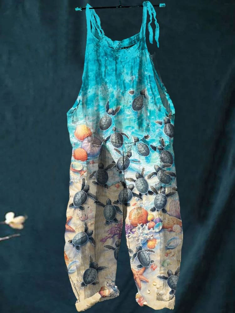 Vintage Lovely Sea Turtle Art Print Casual Wide-Leg Jumpsuit