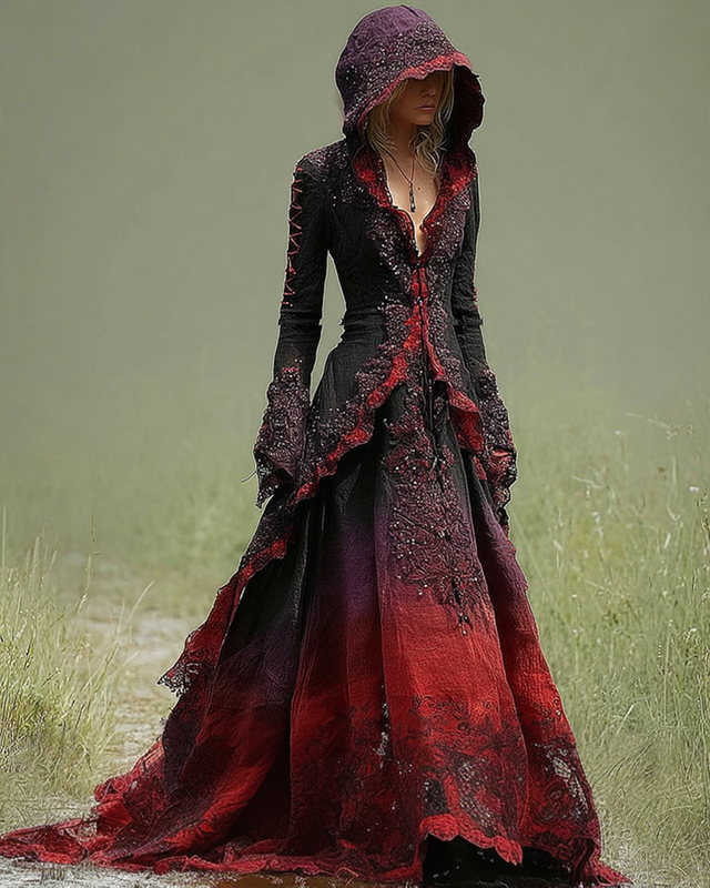 Bohemian style Irregular Gradient Lace Patchwork Hooded Evening Dress dc91