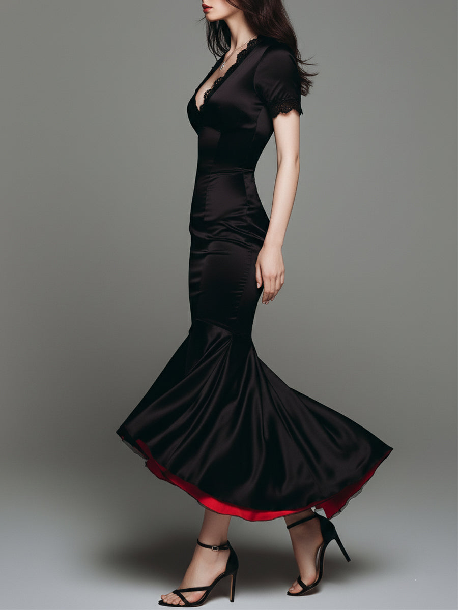 Elegant Satin Red Lined Fishtail Maxi Dress With Lace Trim