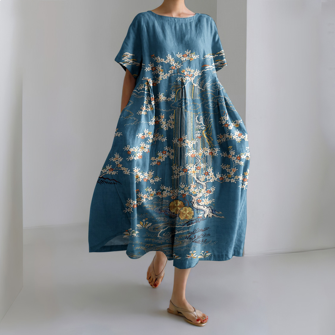 Vintage Japanese Flower Art Short Sleeve Midi Dress