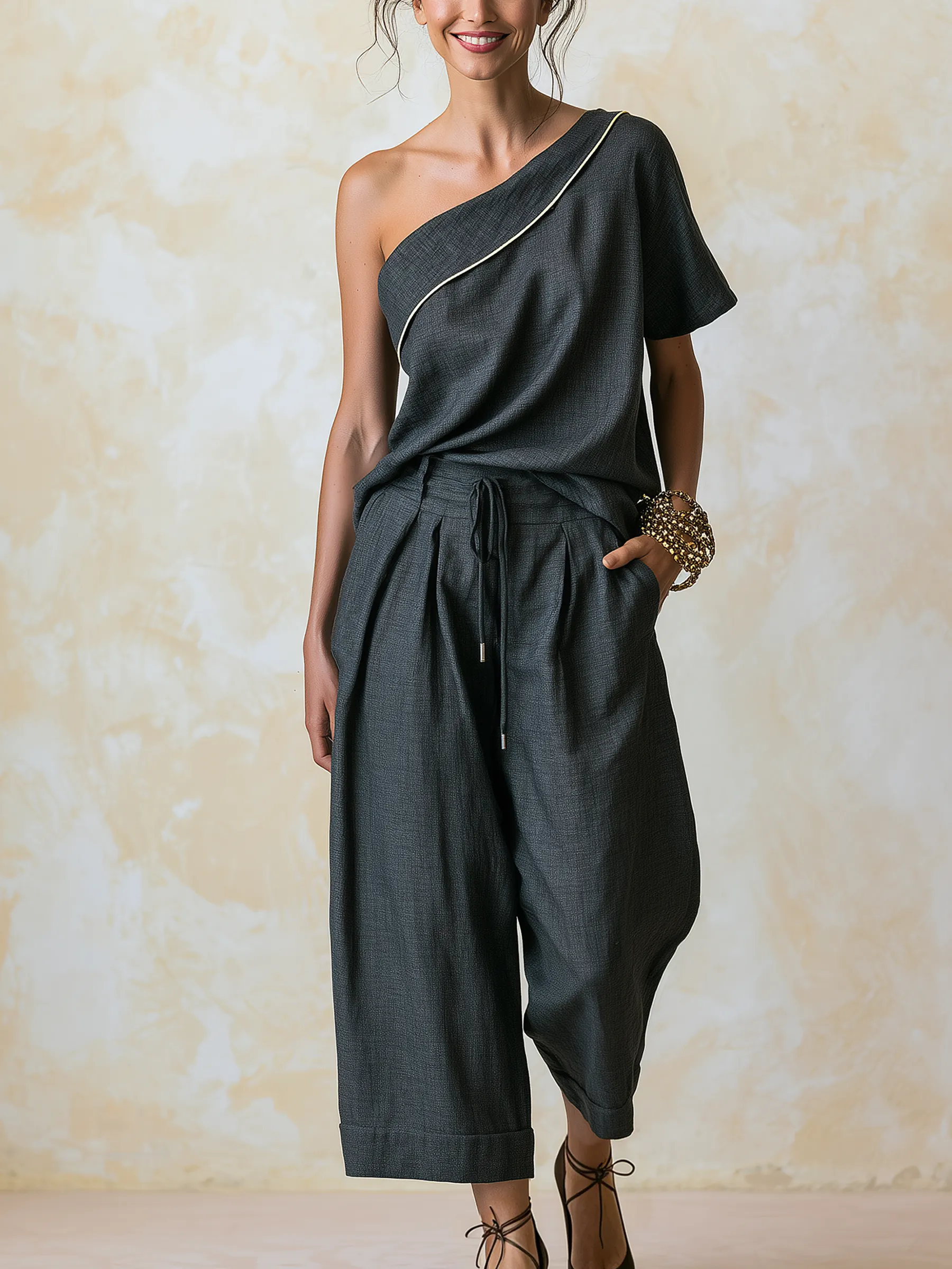 Asymmetrical One-Shoulder Top & Culotte Two-Piece Outfit