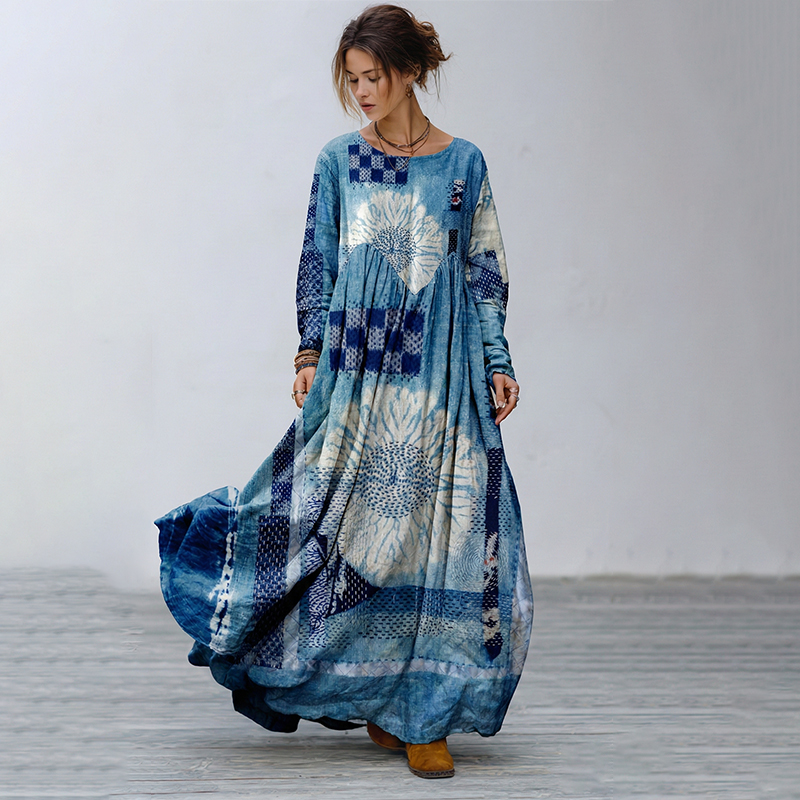 Vintage Floral Geometric Embroidery Linen Maxi Dress