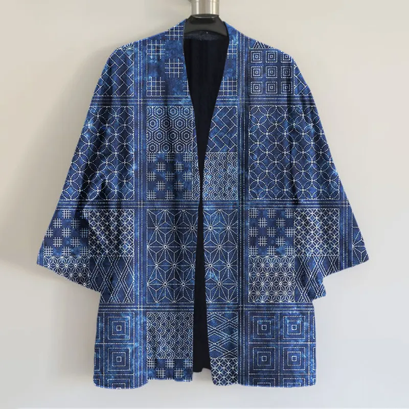 Japanese Traditional Sashiko Floral Patchwork Art Print Blend Kimono Cardigan