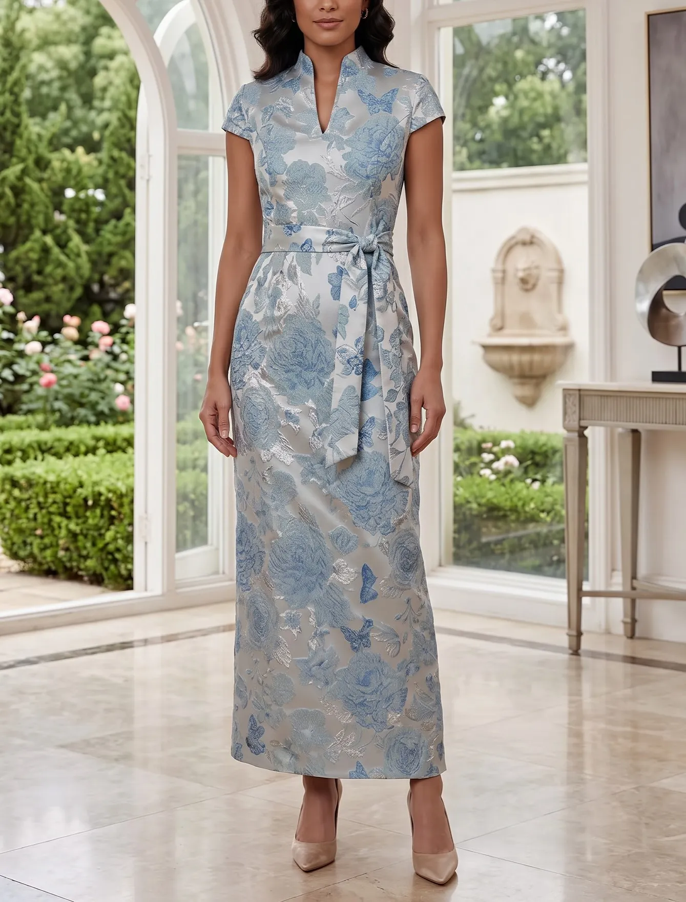Dusty Blue Stand Collar Cap Sleeve Floral Jacquard Sheath Midi Dress