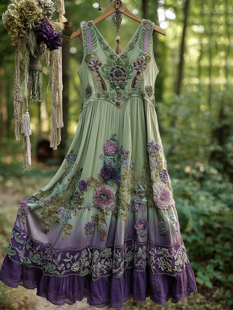 Classy Gradient Purple Lavender And Floral Embroidered Tank Dress