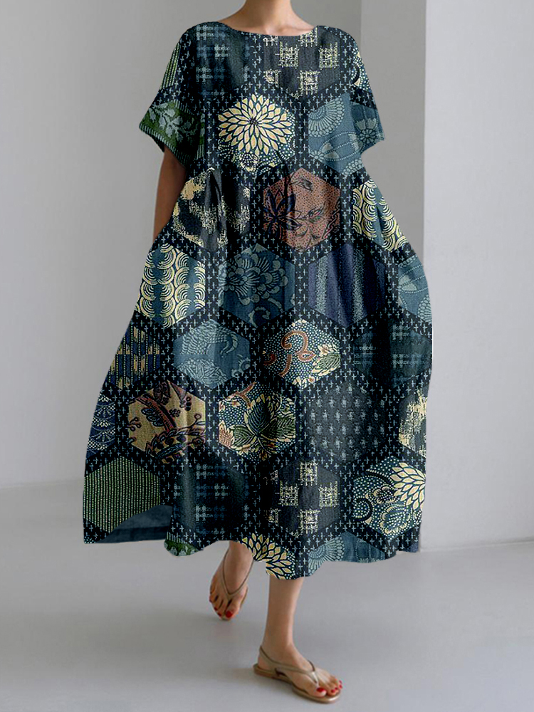 Vintage Japanese Sashiko Art Flowy Linen Maxi Dress