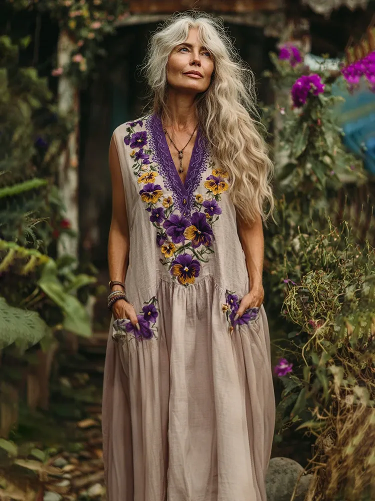 Women's Pansy Embroidery Design Maxi Pocket Tank Dress