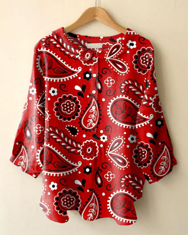 Vintage Paisley Print Long Sleeve Peter Pan Collar Shirt