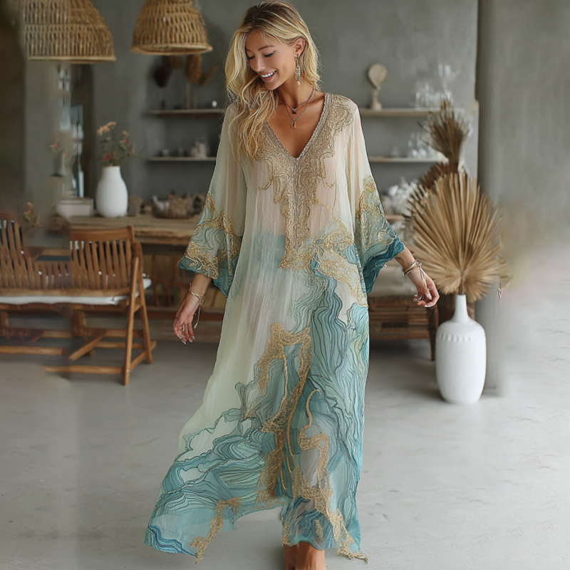 Vintage Marble Texture Collection Retro Bohemia Women Style Gradient Gilded Pattern Maxi Dress